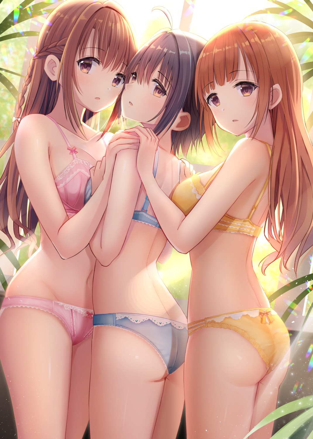 ass bra cleavage igarashi_kyouko kohinata_miho pantsu shimamura_uzuki symmetrical_docking the_idolm@ster the_idolm@ster_cinderella_girls yuri yurin