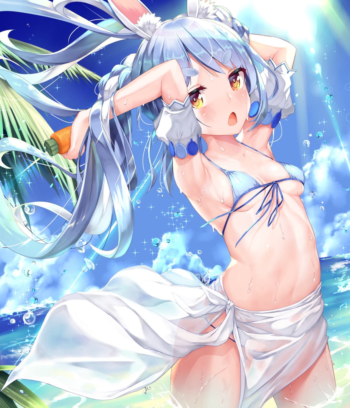 animal_ears bikini bunny_ears hololive mogmog see_through skirt_lift swimsuits usada_pekora wet_clothes