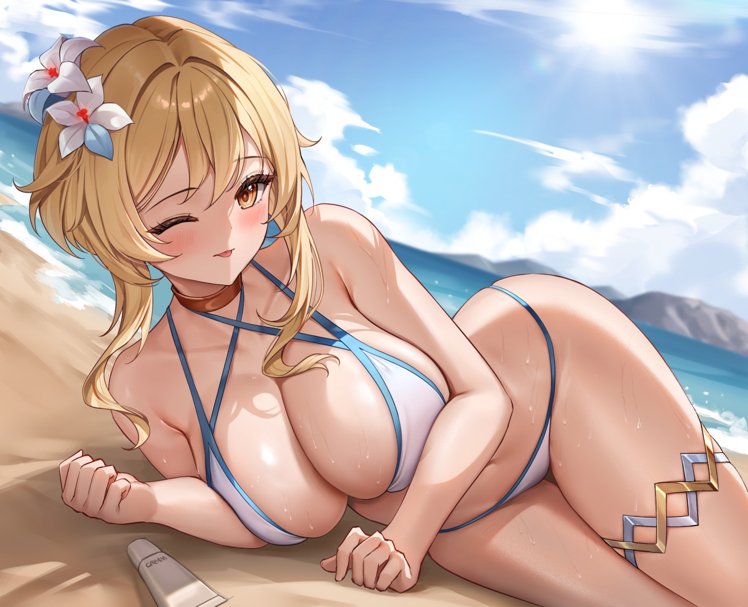 bikini garter genshin_impact lumine lunacle swimsuits wet