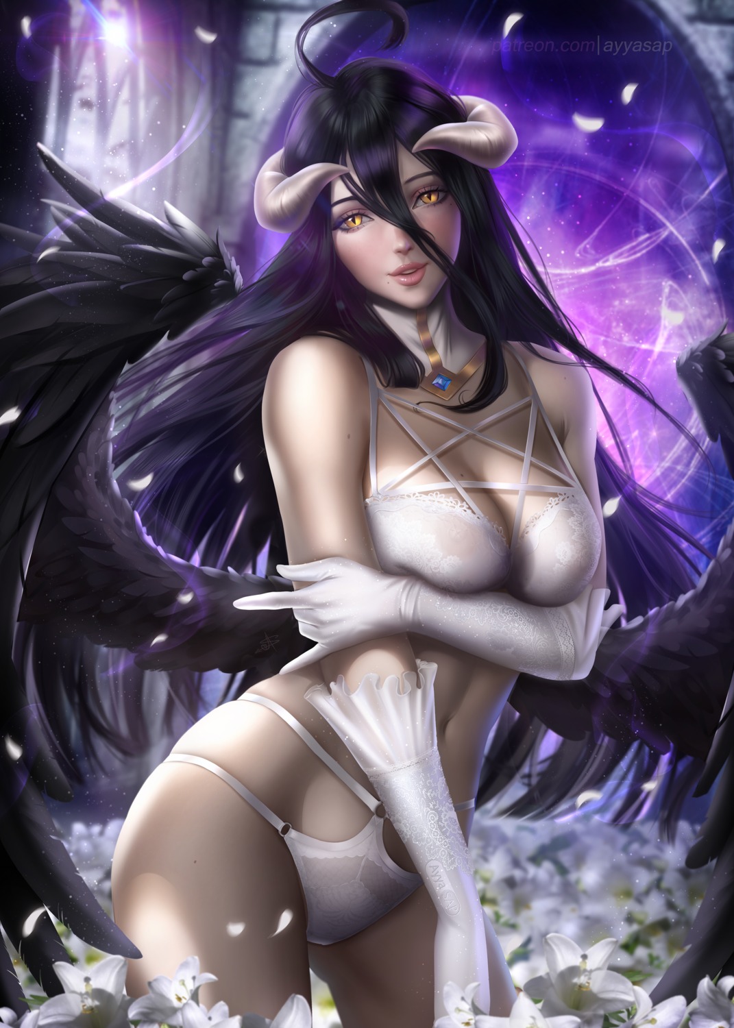 albedo_(overlord) ayyasap bra breast_hold devil horns lingerie overlord pantsu wings