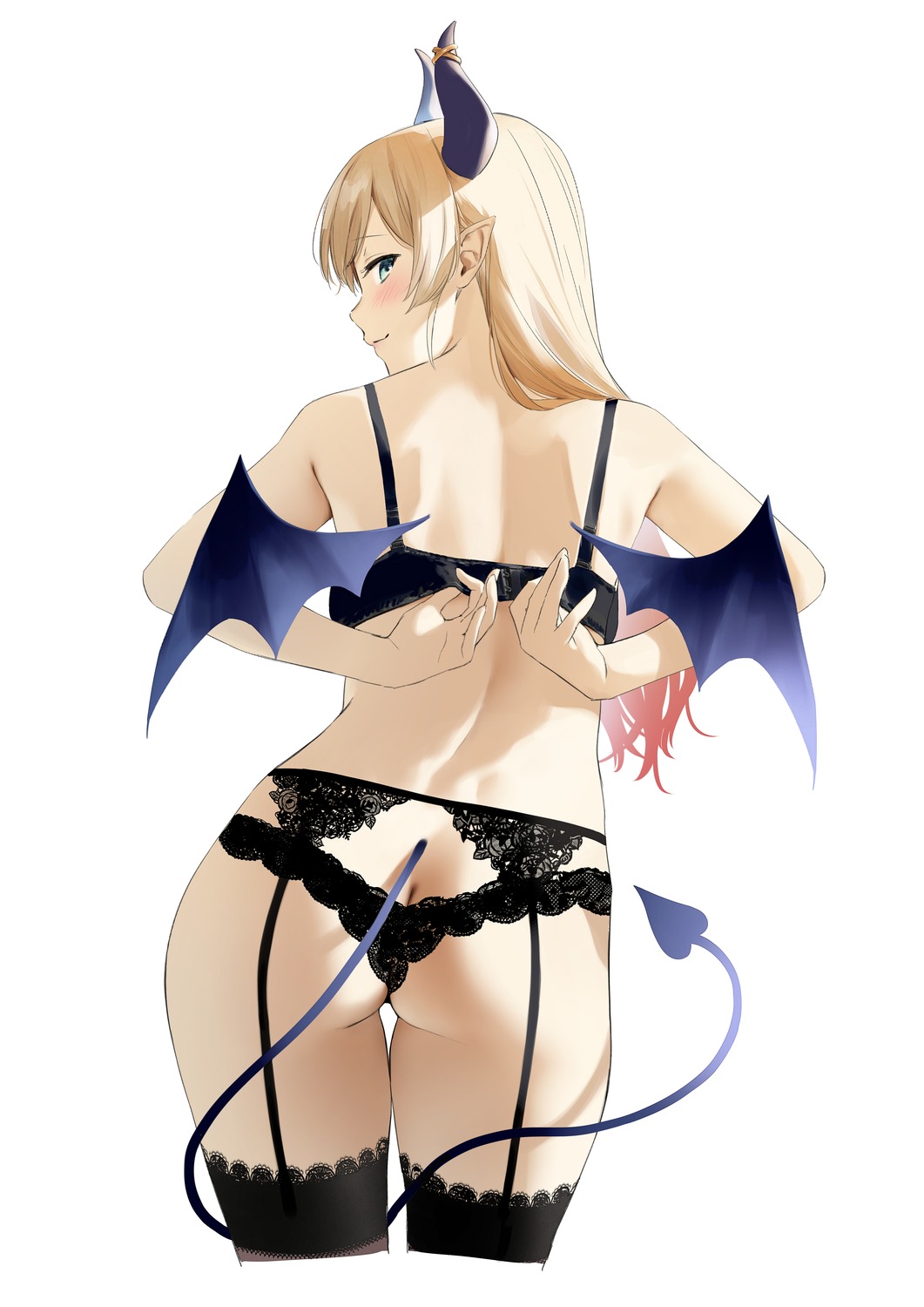 ass bra garter_belt hololive horns lingerie pantsu pointy_ears stockings tail thighhighs thong umakuchi_shouyu undressing wings yuzuki_choco