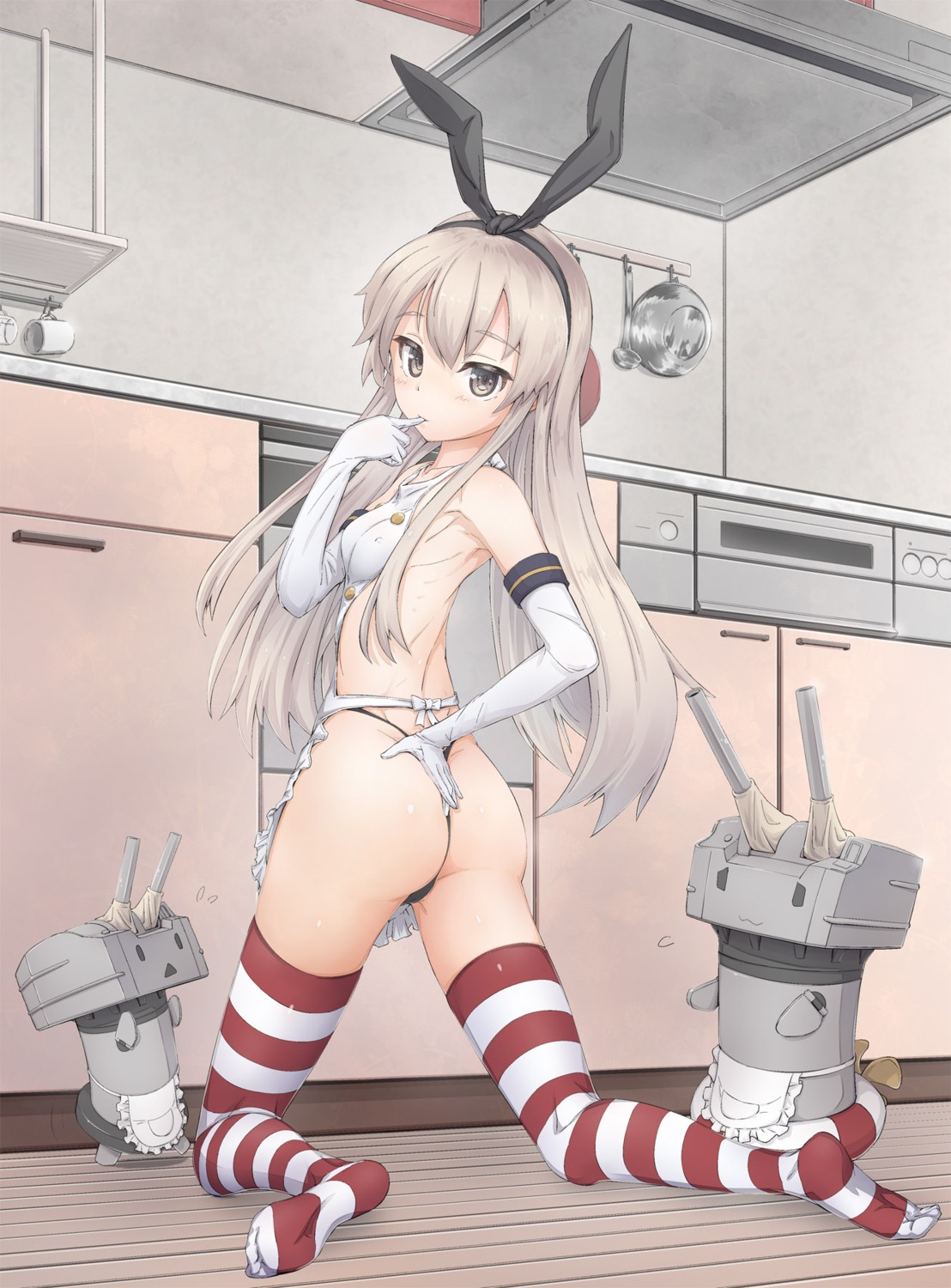 ass erect_nipples kantai_collection naked_apron pantsu rensouhou-chan shimakaze_(kancolle) thighhighs thong urigarasu