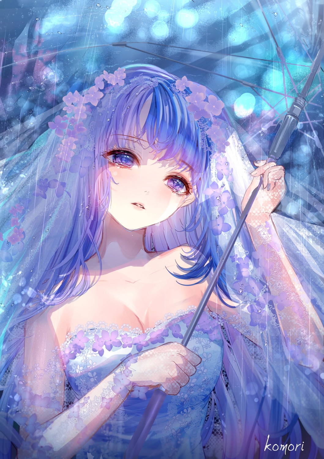 dress komorihikki no_bra umbrella wedding_dress wet