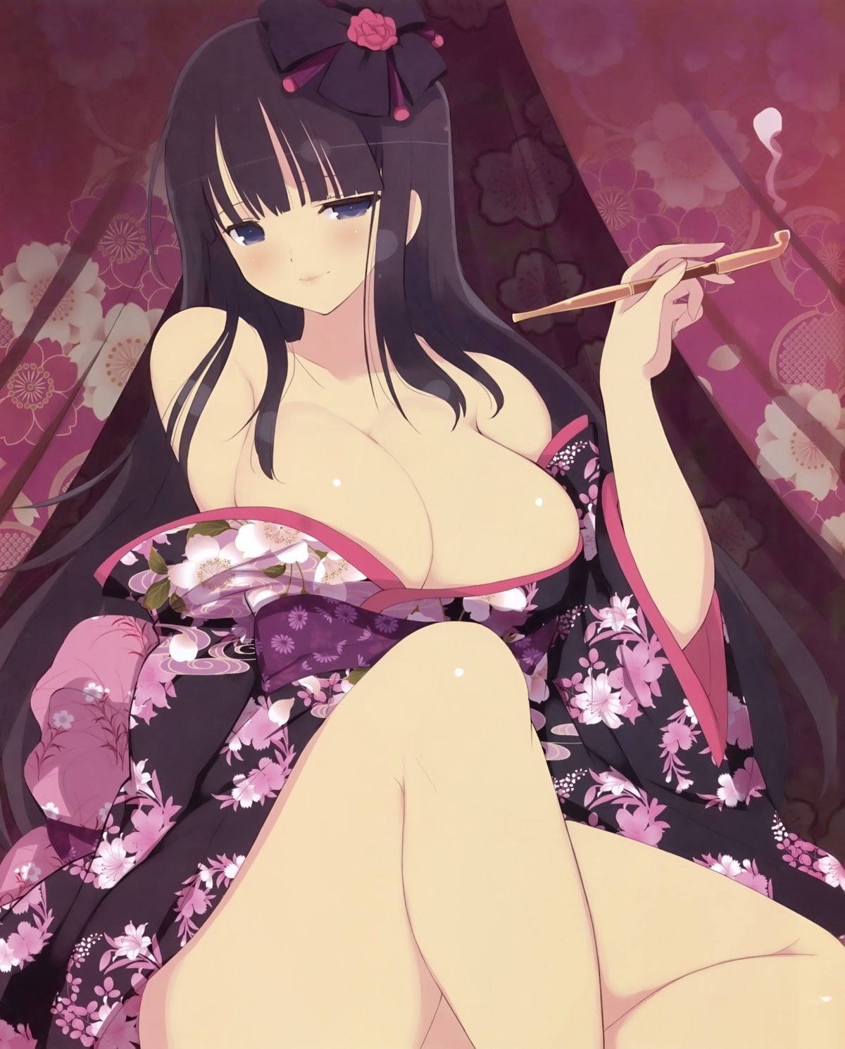 cleavage kagura_(senran_kagura) no_bra open_shirt senran_kagura smoking yaegashi_nan yukata
