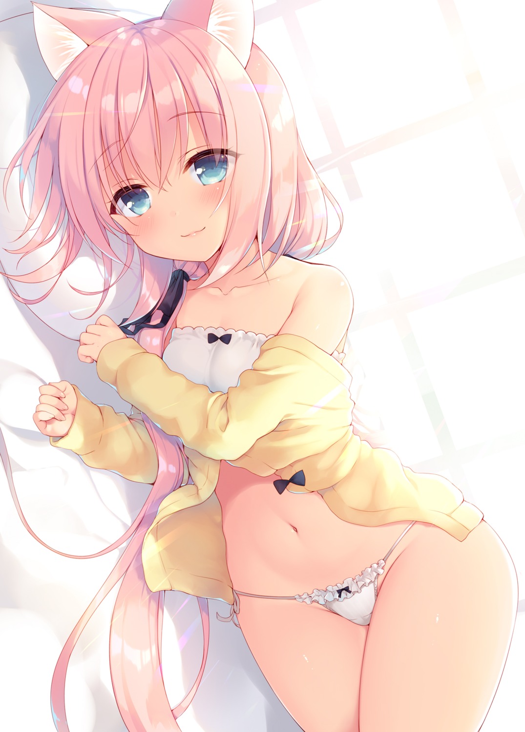 23.4° animal_ears boku_no_risou_no_isekai_seikatsu bra breast_hold cameltoe ichiri misia_(ichiri) nekomimi open_shirt pantsu string_panties sweater