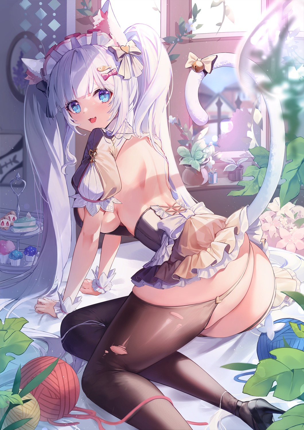 animal_ears ass garter heels laevan maid nekomimi no_bra pantsu panty_pull skirt_lift stockings tail thighhighs torn_clothes