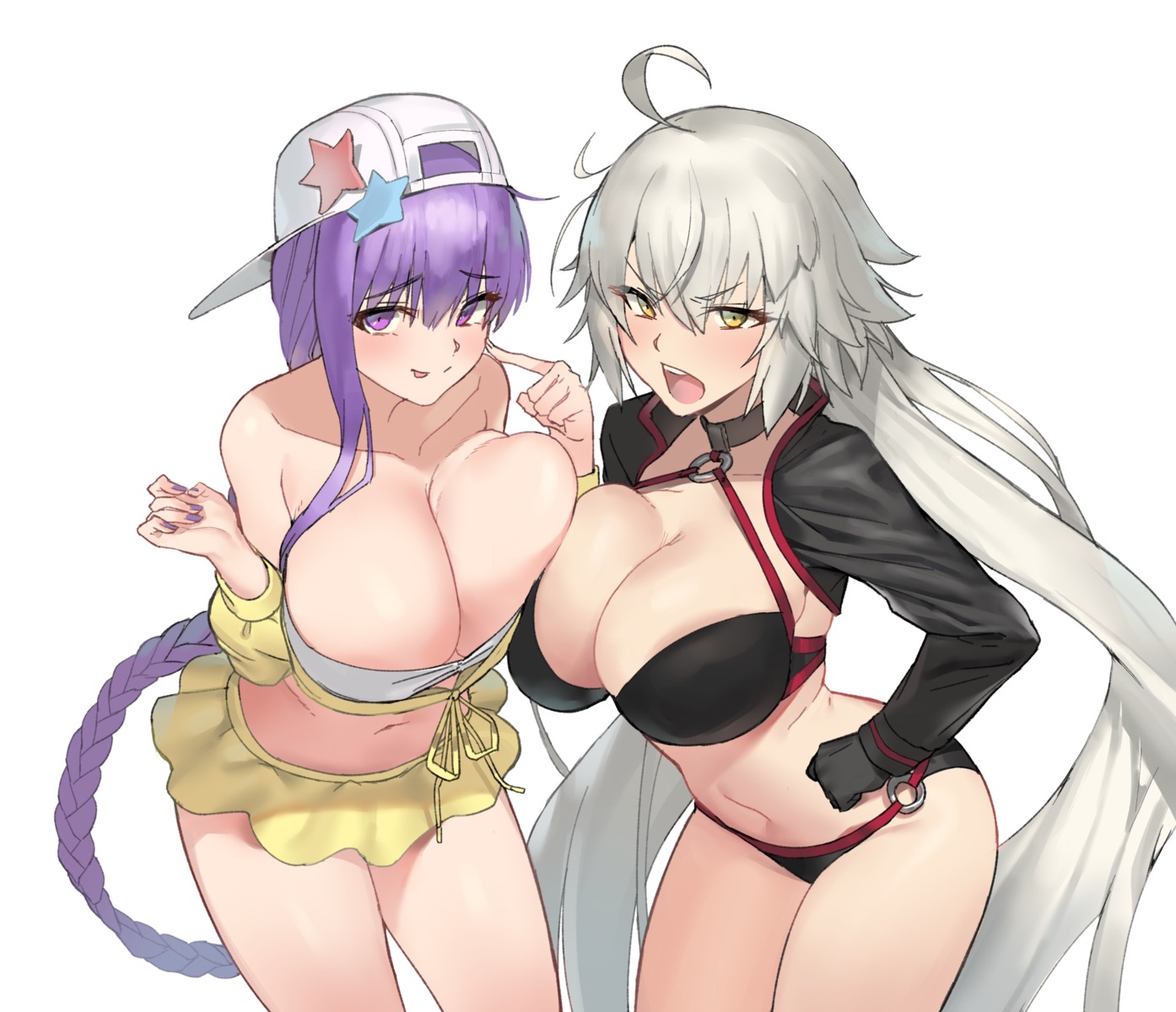 artist_revision bb_(fate/extra_ccc) bikini breast_hold cleavage fate/grand_order jeanne_d'arc jeanne_d'arc_(alter)_(fate) open_shirt swimsuits urrrt yuri