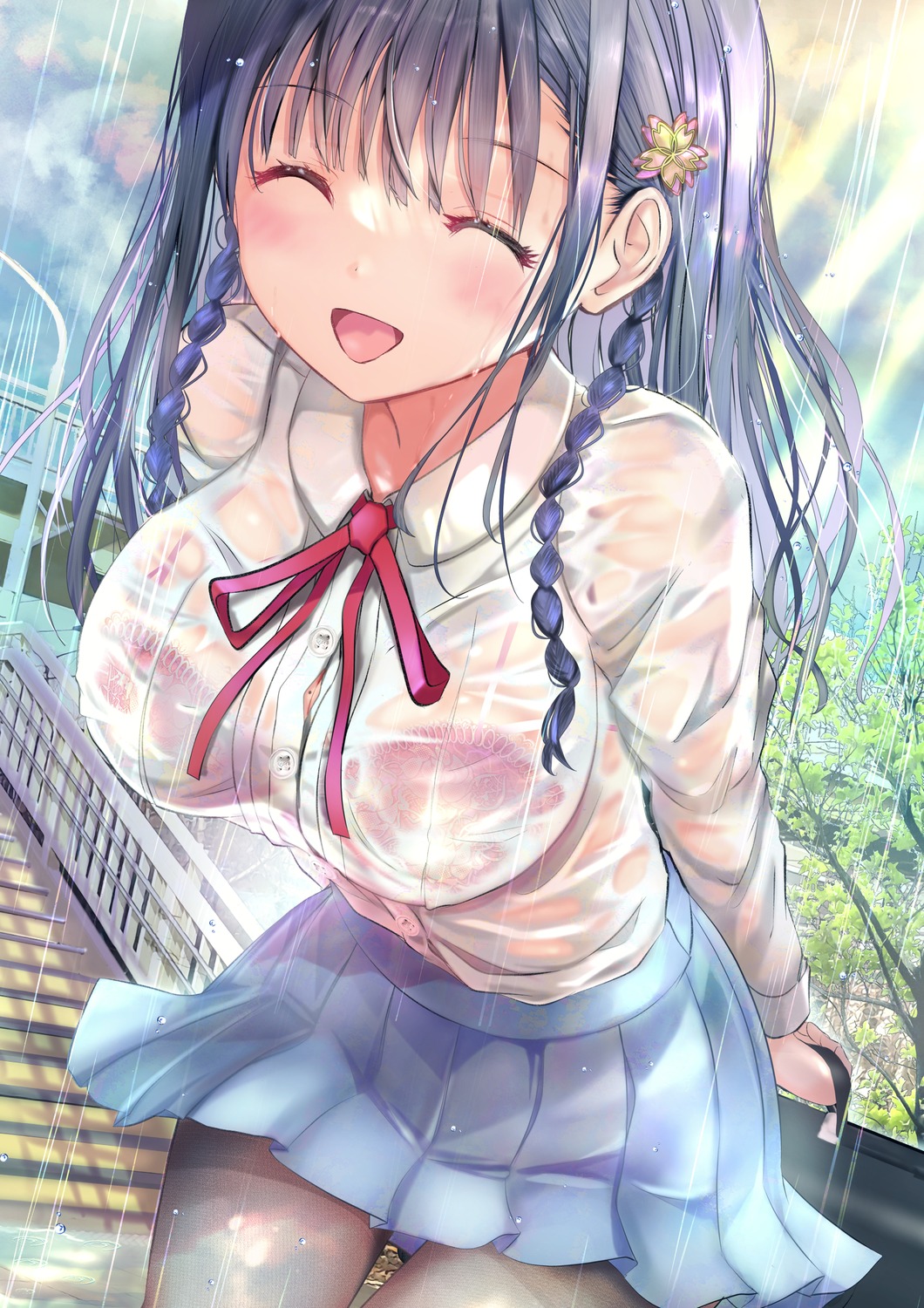 bra ogata_tei pantyhose see_through seifuku skirt_lift wet_clothes