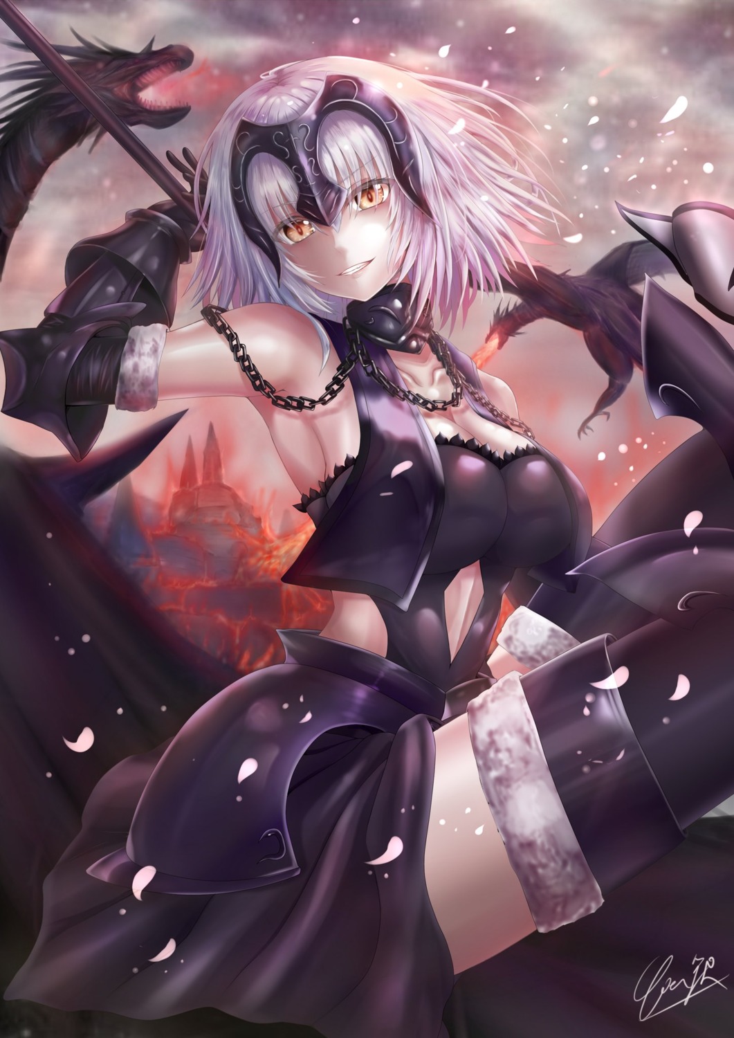 armor cleavage fate/grand_order jeanne_d'arc jeanne_d'arc_(alter)_(fate) monster penguintake thighhighs weapon