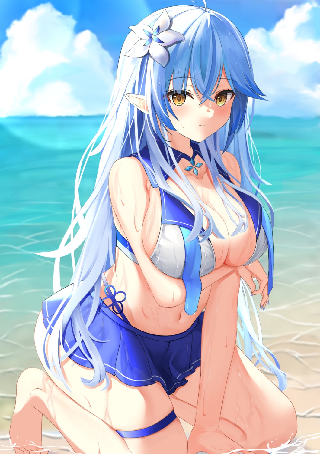 bikini breast_hold elf garter hololive nolt pointy_ears swimsuits wet yukihana_lamy