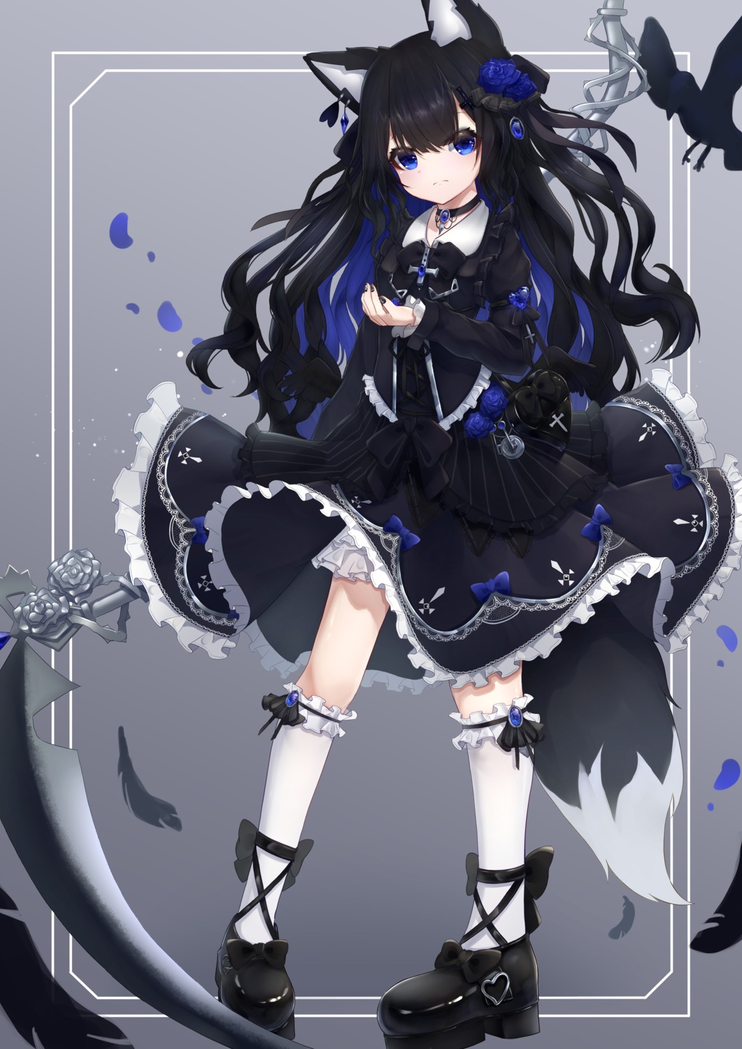 animal_ears dress gothic_lolita hinata_(pixiv53862745) kitsune lolita_fashion skirt_lift tail