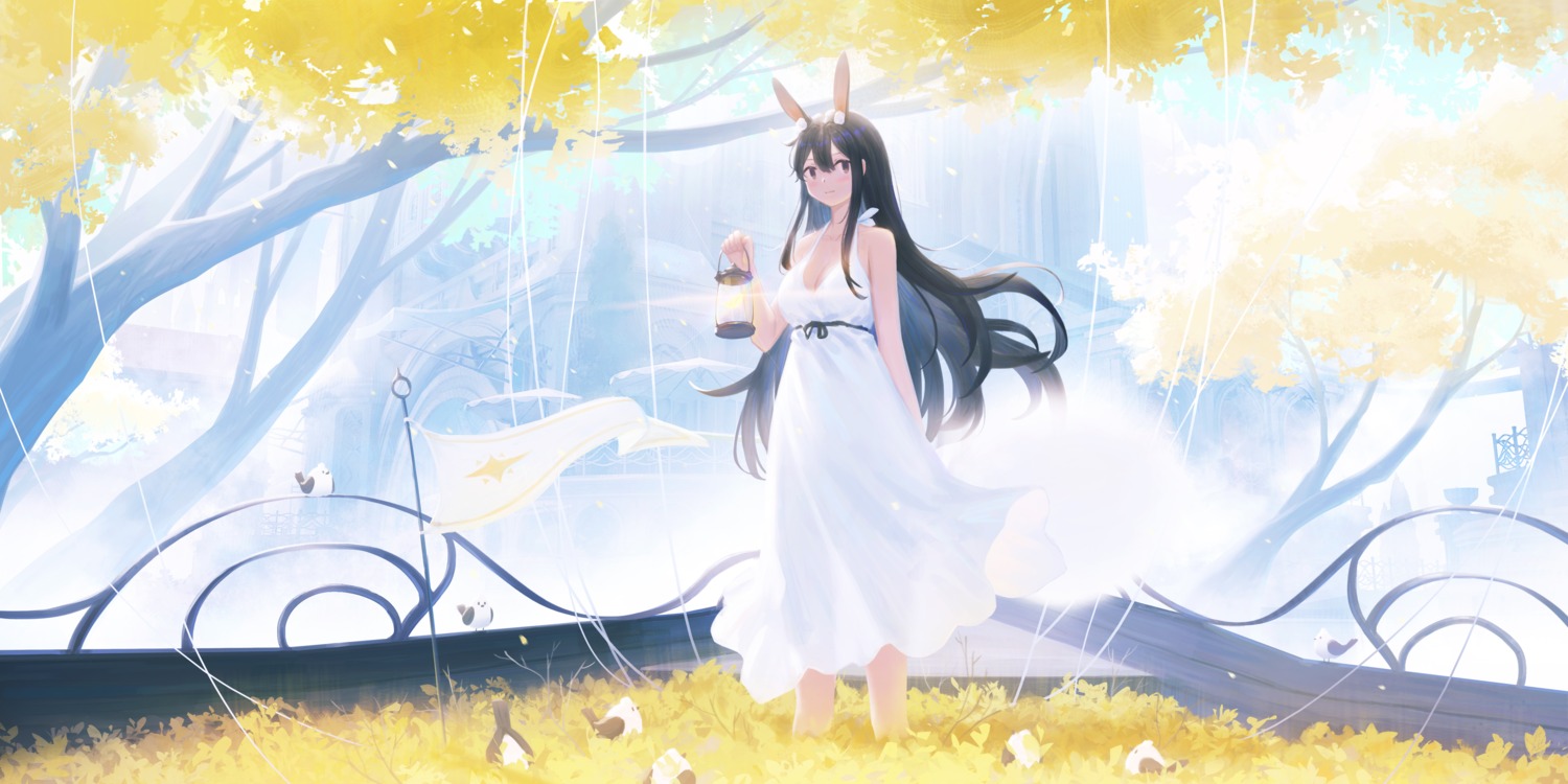 animal_ears bunny_ears cleavage dress landscape no_bra summer_dress yao_ren_gui