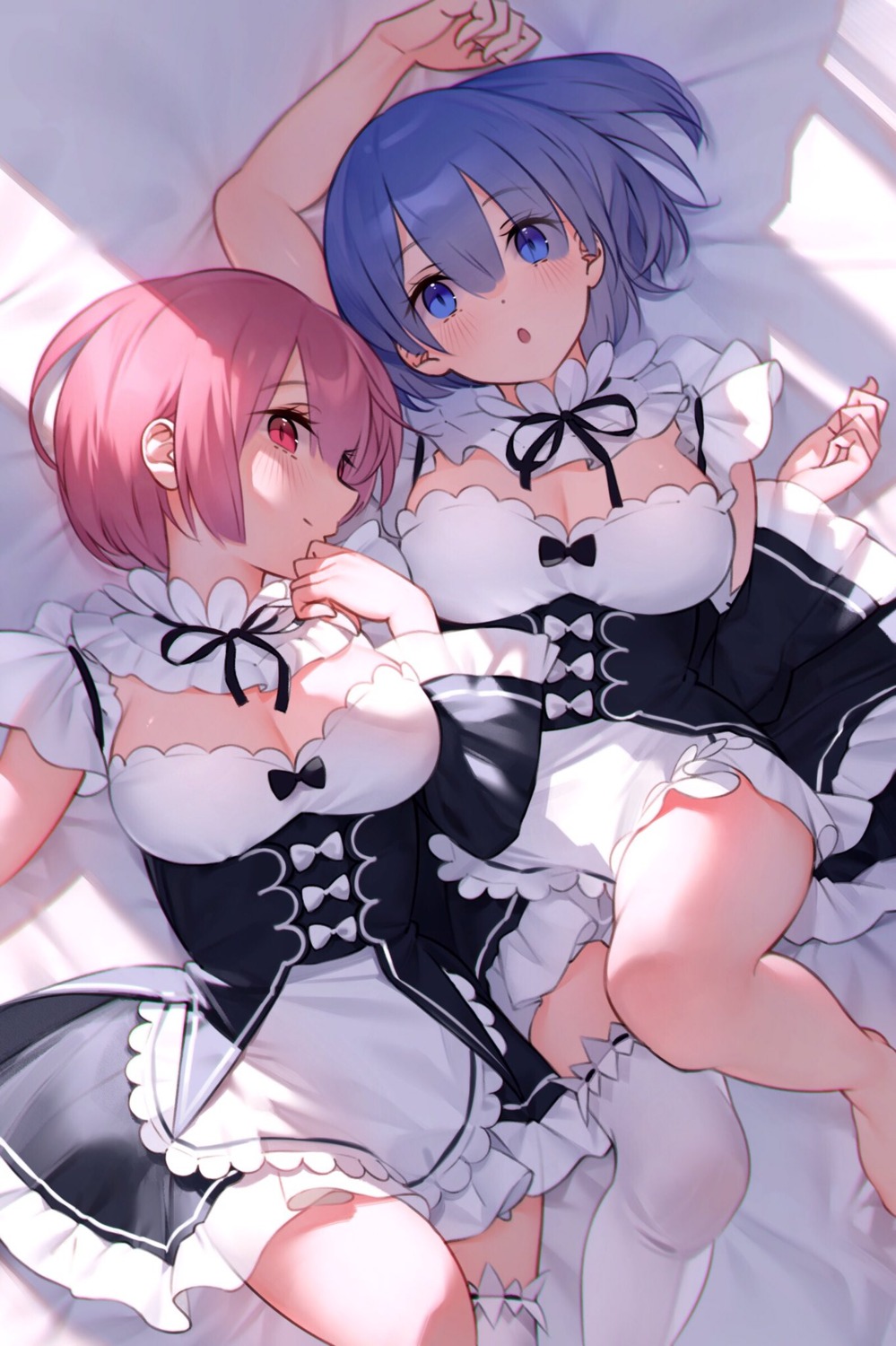 cleavage maid ram_(re_zero) re_zero_kara_hajimeru_isekai_seikatsu rem_(re_zero) thighhighs to_gemichi