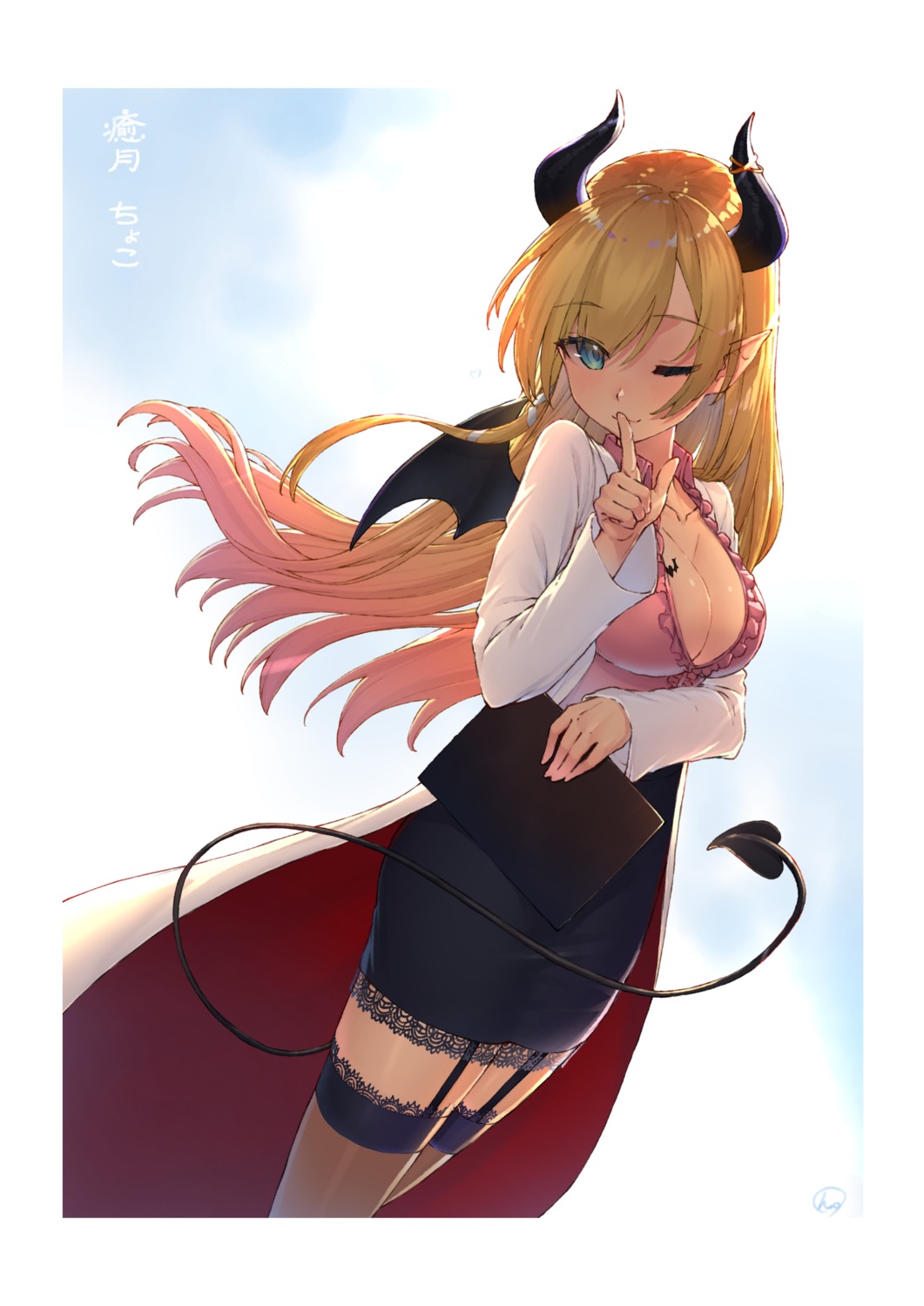 cleavage hololive horns no_bra open_shirt pointy_ears stockings tail thighhighs tihoro1609 wings yuzuki_choco