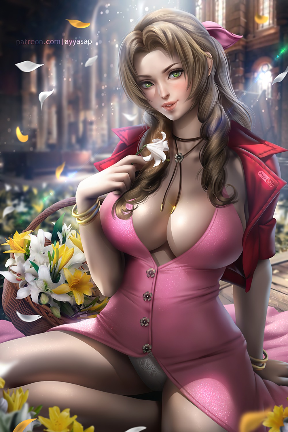 aerith_gainsborough ayyasap dress final_fantasy final_fantasy_vii no_bra pantsu skirt_lift