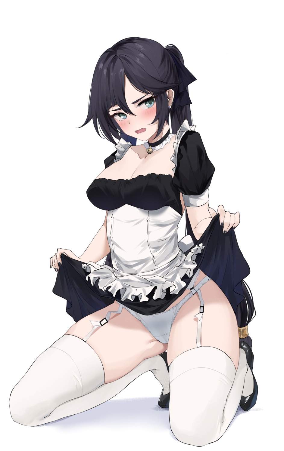 feint721 genshin_impact maid mona_megistus pantsu skirt_lift stockings thighhighs