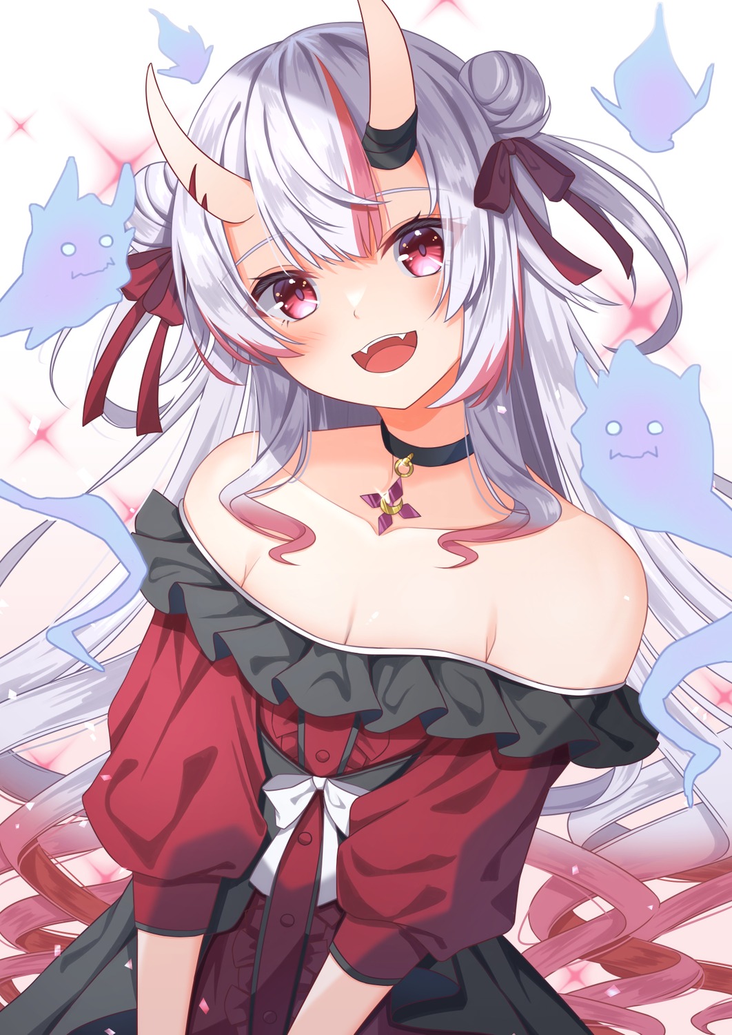 bandages cleavage divergenceok hololive horns nakiri_ayame no_bra