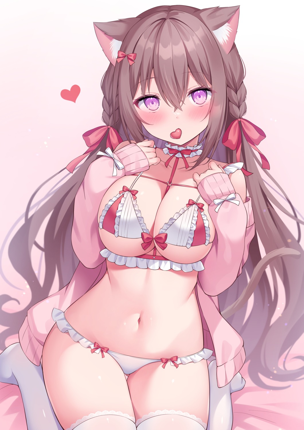 animal_ears bra nekomimi open_shirt pantsu siooooono sweater tail thighhighs valentine