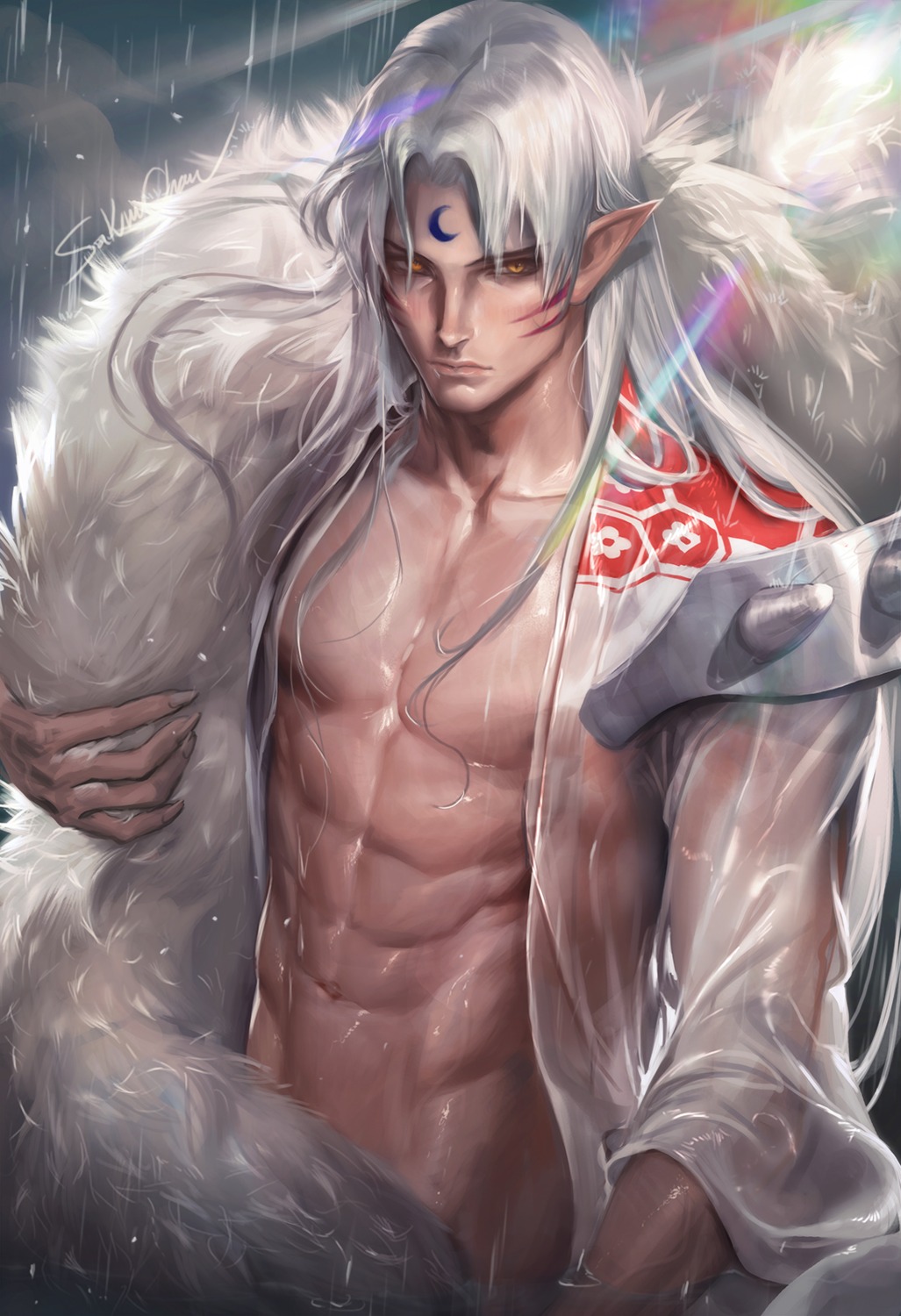 inuyasha male pointy_ears sakimichan sesshoumaru tattoo wet wet_clothes