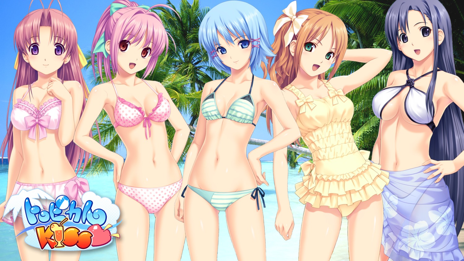 aoi_matsuri bikini cleavage himuro_rikka hinata_hanabi koutaro minazuki_izumi saotome_nagi swimsuits tropical_kiss twinkle wallpaper