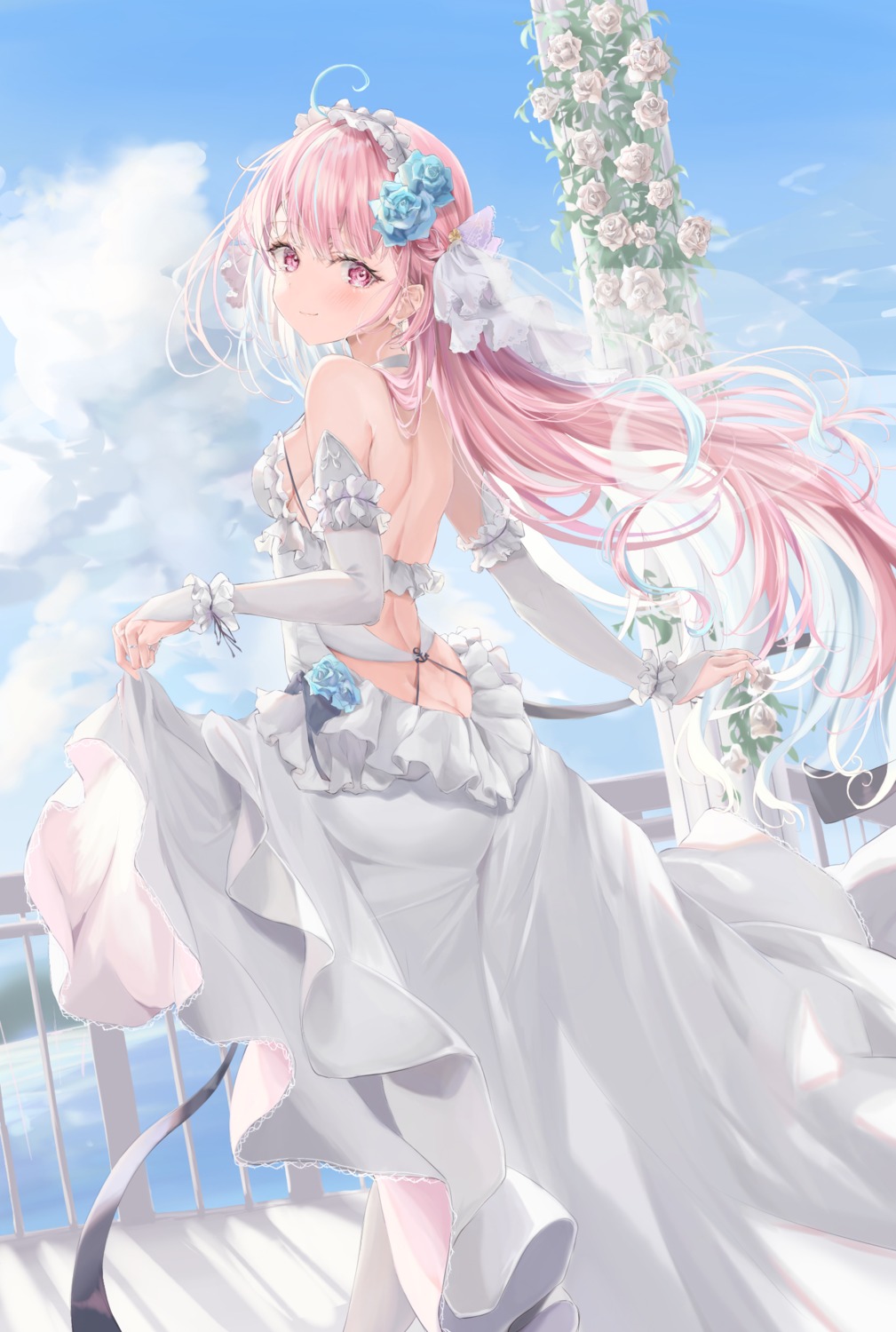 ass dress hololive mikanagi_yuri minato_aqua no_bra skirt_lift wedding_dress