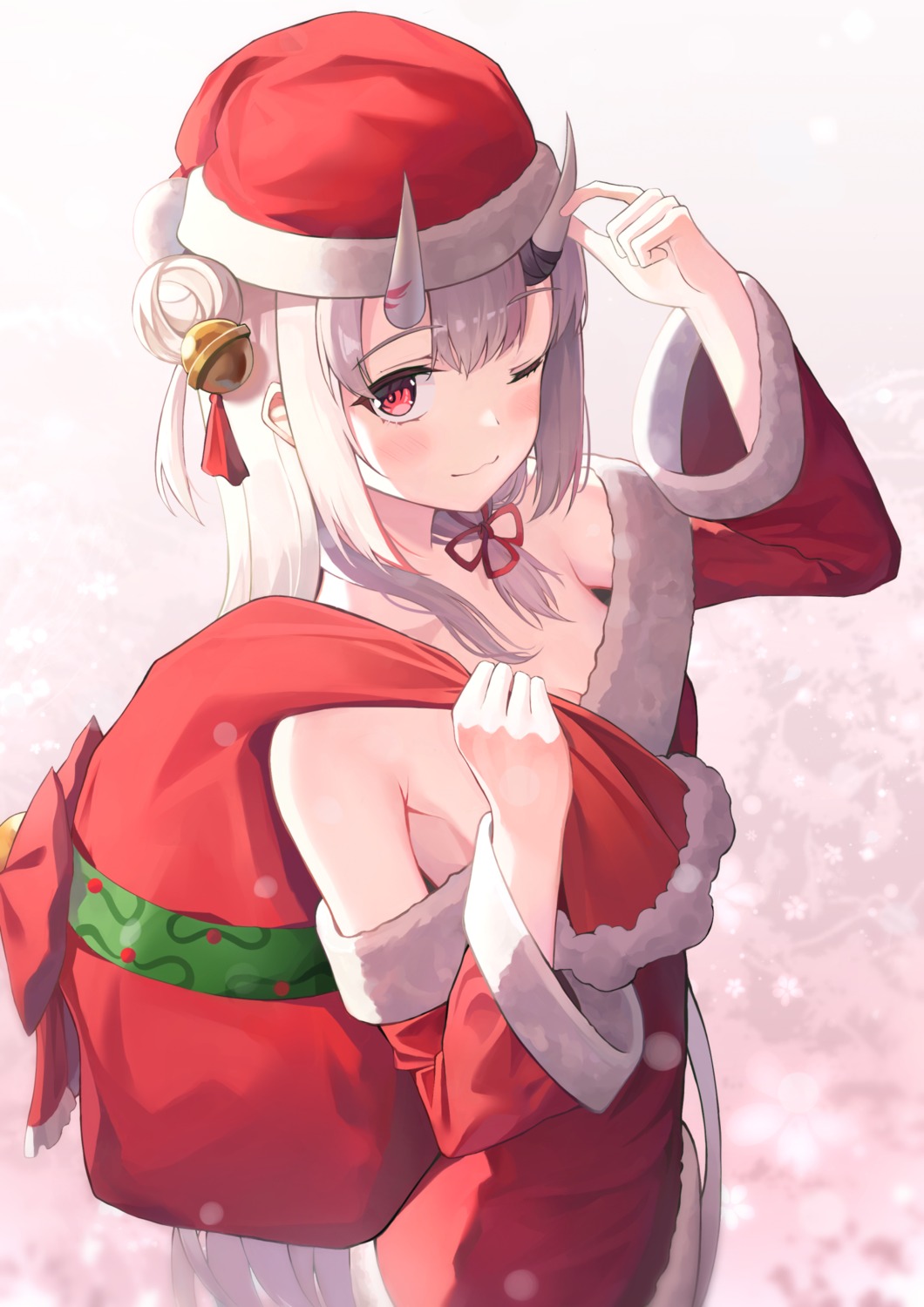 bekkuro christmas dress hololive horns nakiri_ayame no_bra open_shirt