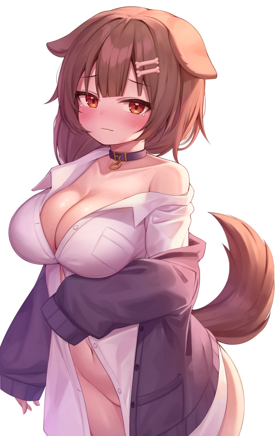 animal_ears bottomless cleavage deaver dress_shirt hololive hololive_gamers inugami_korone inumimi no_bra open_shirt sweater tail