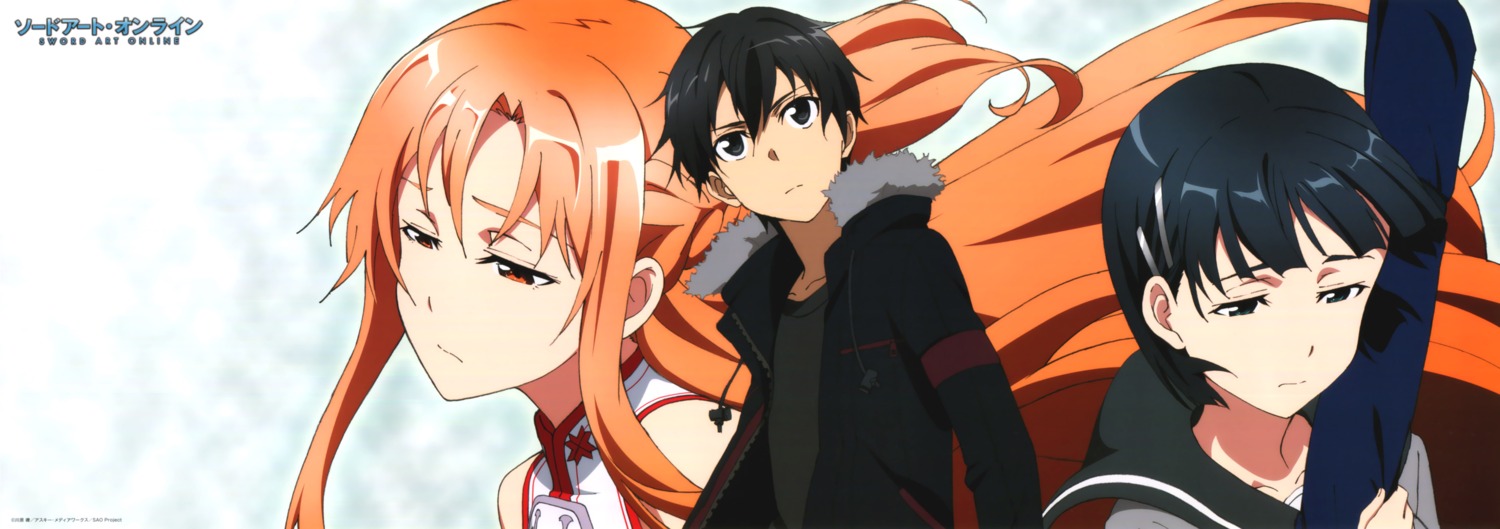 asuna_(sword_art_online) kirigaya_suguha kirito stick_poster sword_art_online