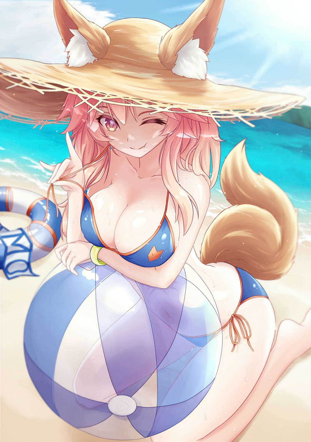 animal_ears bikini breast_hold cleavage fate/extra fate/grand_order fate/stay_night kitsune swimsuits tail tamamo_no_mae yibu