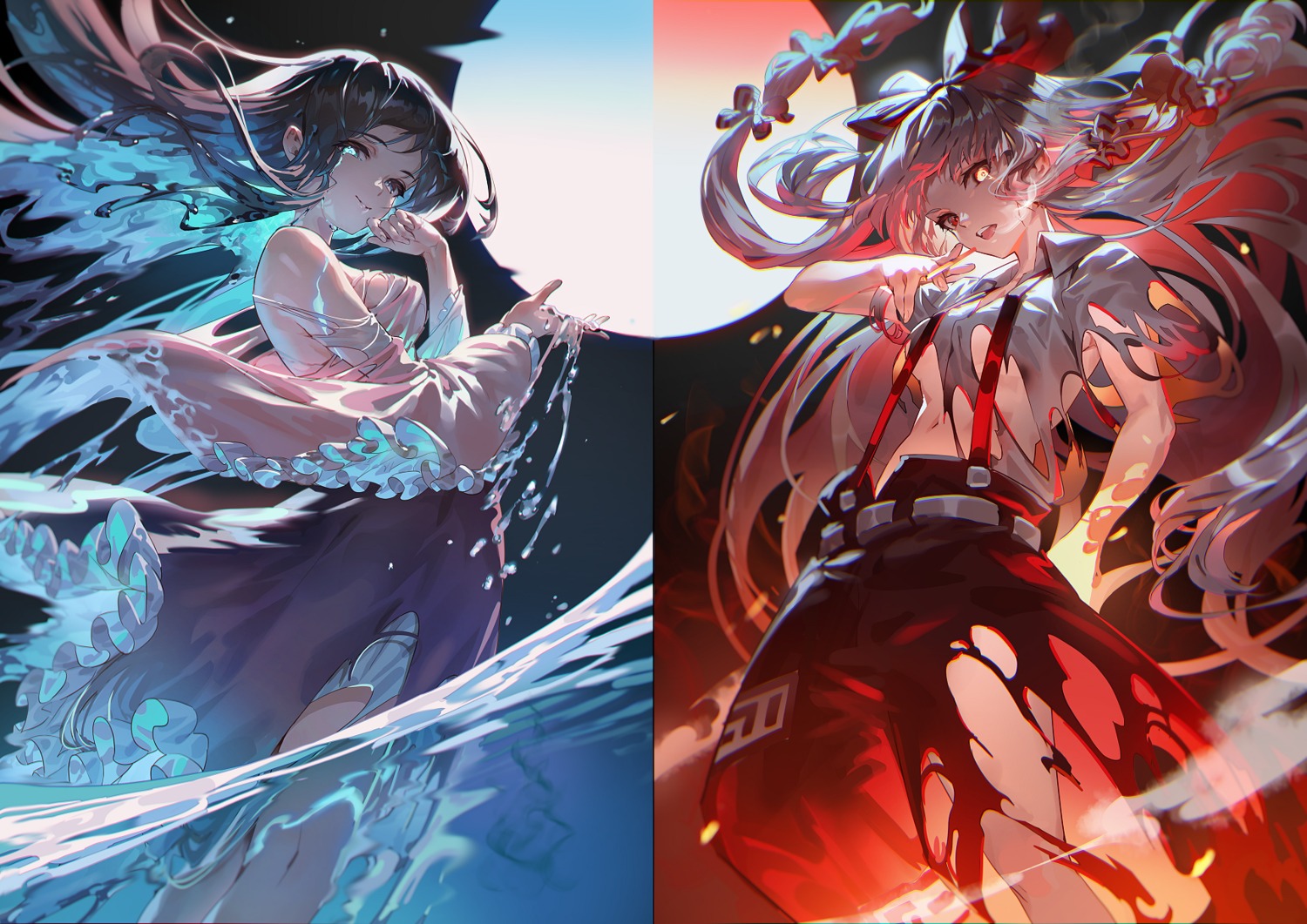 fujiwara_no_mokou houraisan_kaguya no_bra skirt_lift torn_clothes touhou u_u_zan wet