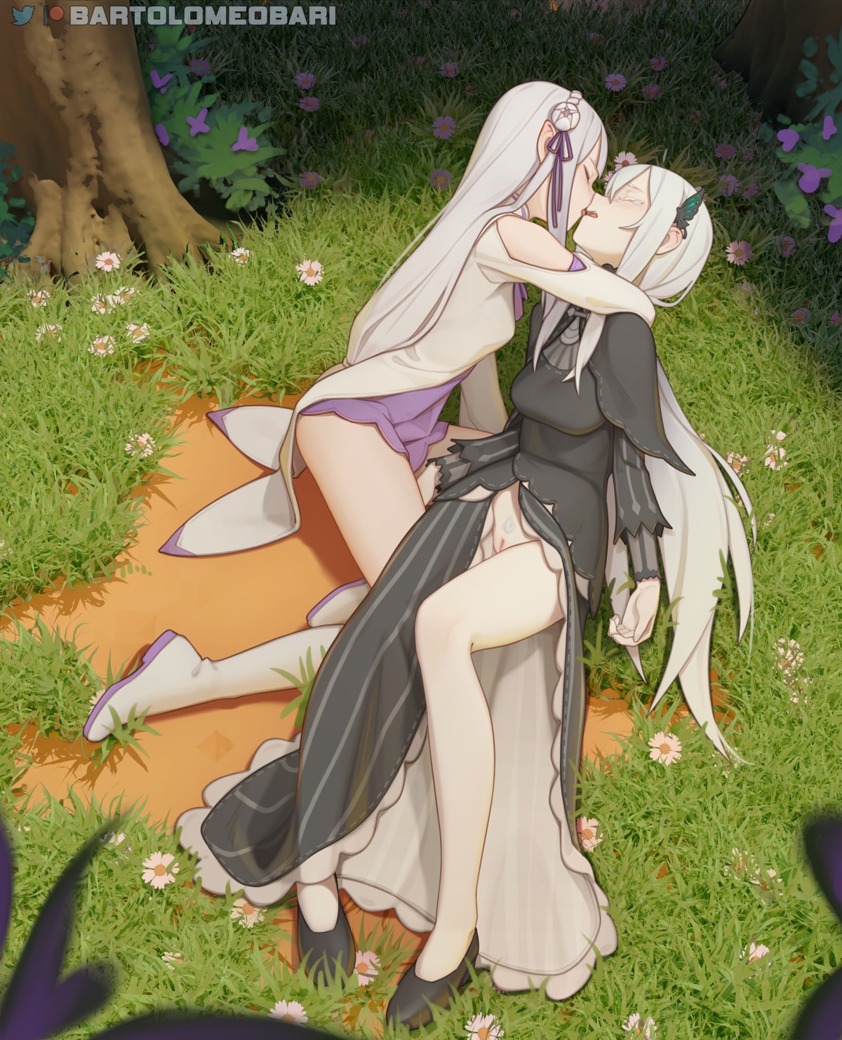 bartolomeobari dress echidna_(re_zero) elf emilia_(re_zero) heels nopan pointy_ears pubic_hair pussy re_zero_kara_hajimeru_isekai_seikatsu skirt_lift uncensored yuri