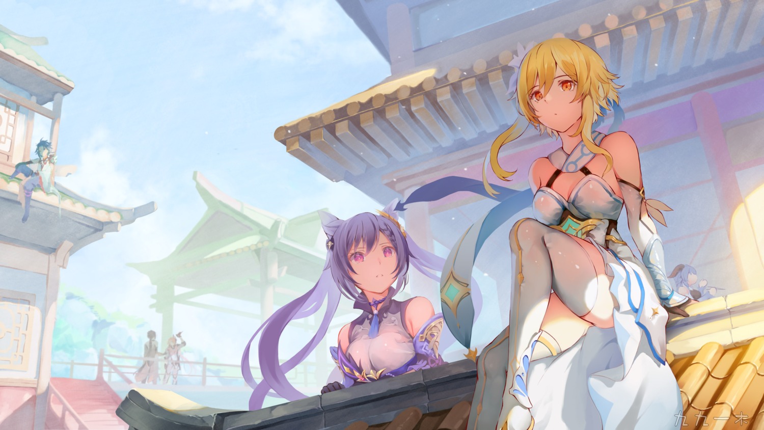 asian_clothes cleavage genshin_impact keqing lumine no_bra rafael-m skirt_lift thighhighs