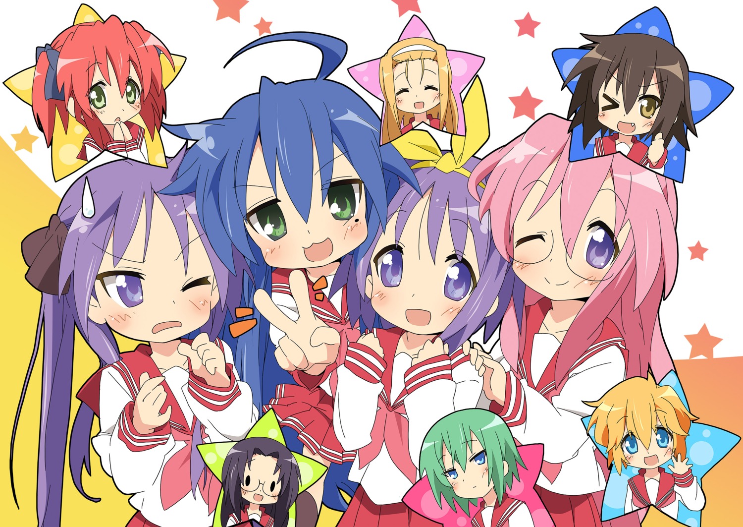 hiiragi_kagami hiiragi_tsukasa iwasaki_minami ixy izumi_konata kobayakawa_yutaka kogami_akira kusakabe_misao lucky_star minegishi_ayano patricia_martin seifuku takara_miyuki tamura_hiyori