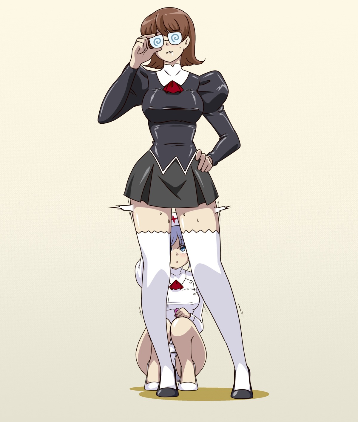 agent_aika aika_(series) black_delmo glasses_delmo kuroyoshi megane nurse pantsu skirt_lift thighhighs uniform yuri