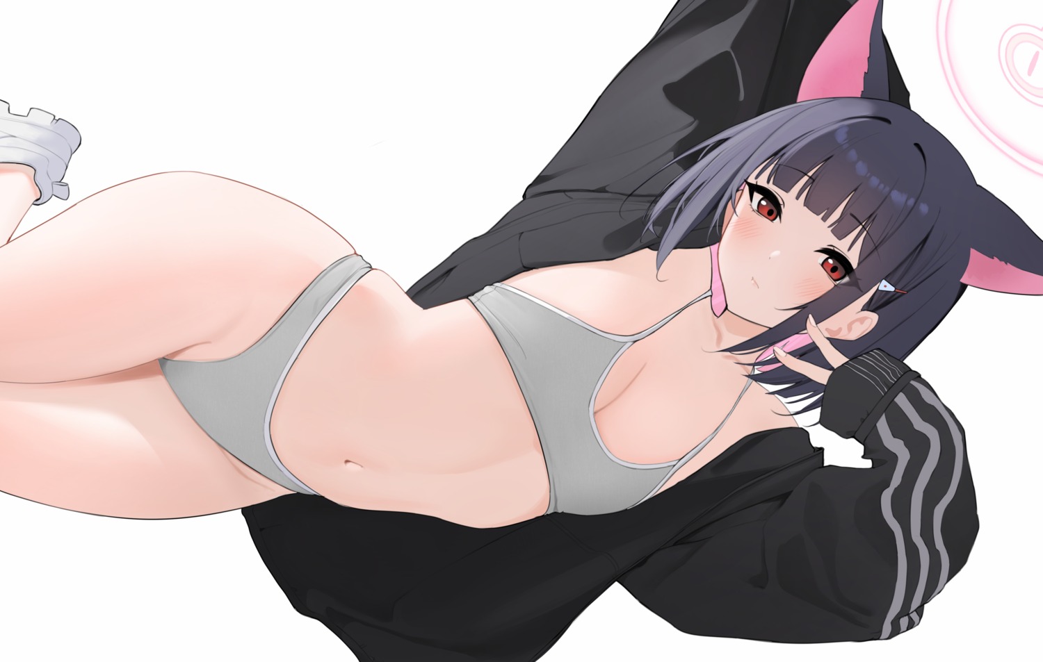 animal_ears blue_archive bra halo kyouyama_kazusa nekomimi open_shirt pantsu thong yingchuishiting