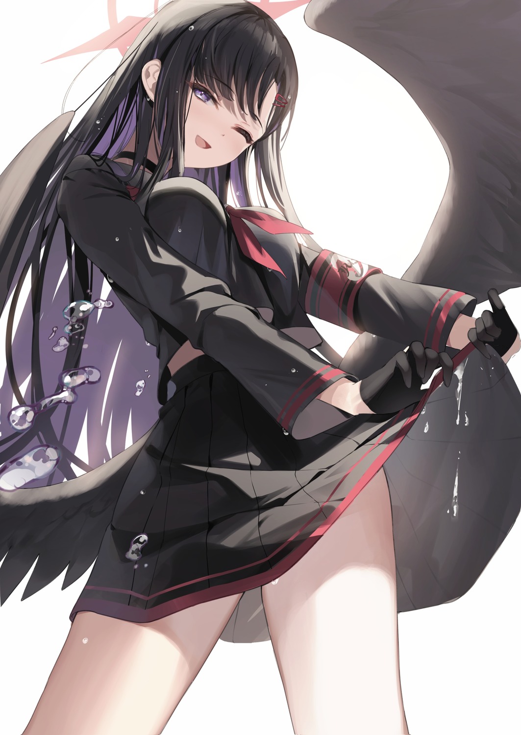 angel blue_archive chiro_(norishiro_michiro) nakamasa_ichika seifuku skirt_lift wet_clothes wings