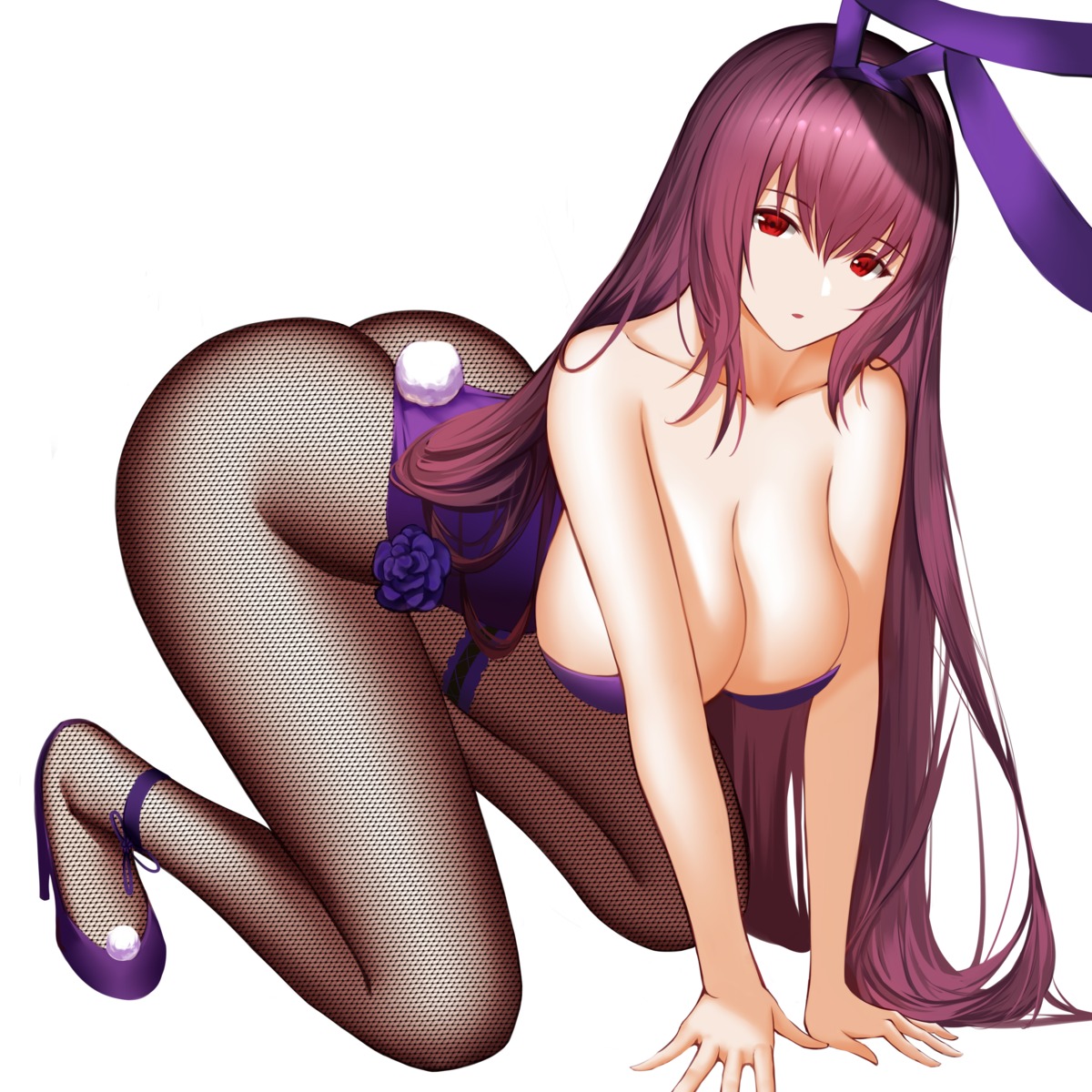 an_yasuri animal_ears breast_hold bunny_ears bunny_girl cleavage fate/grand_order fishnets heels no_bra pantyhose scathach_(fate/grand_order) tail