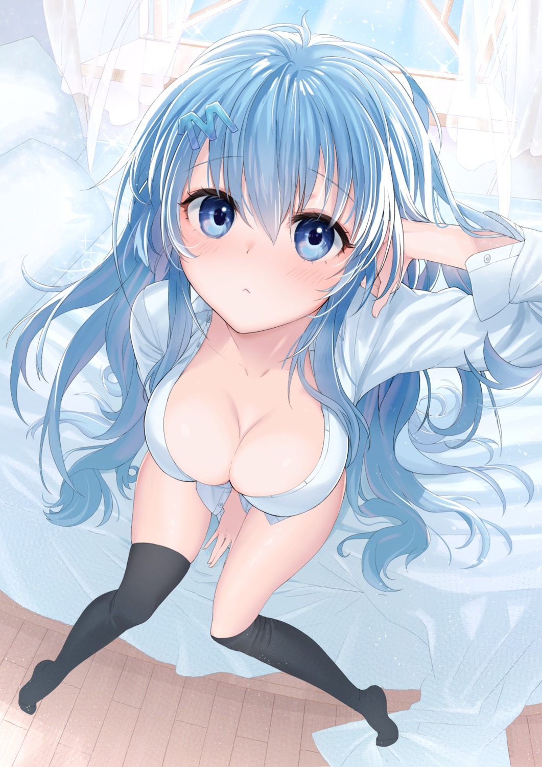 cleavage dress_shirt emori_miku emori_miku_project masoo no_bra open_shirt thighhighs