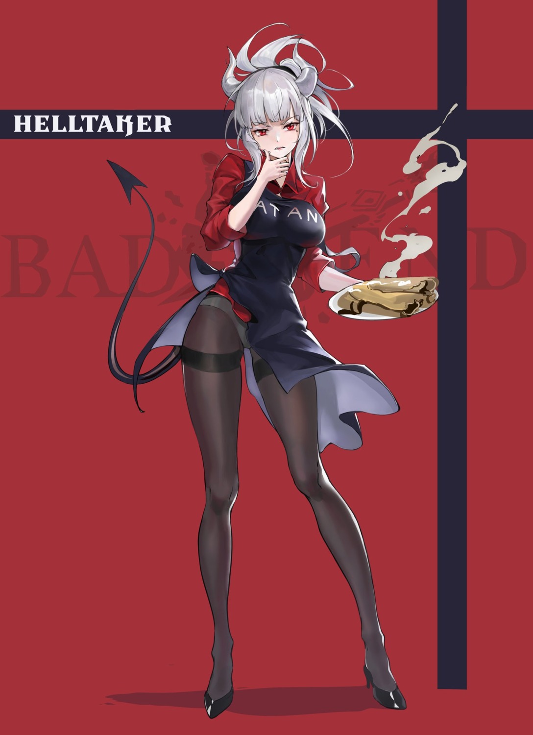 dress guernical heels helltaker horns lucifer_(helltaker) pantsu pantyhose skirt_lift tail