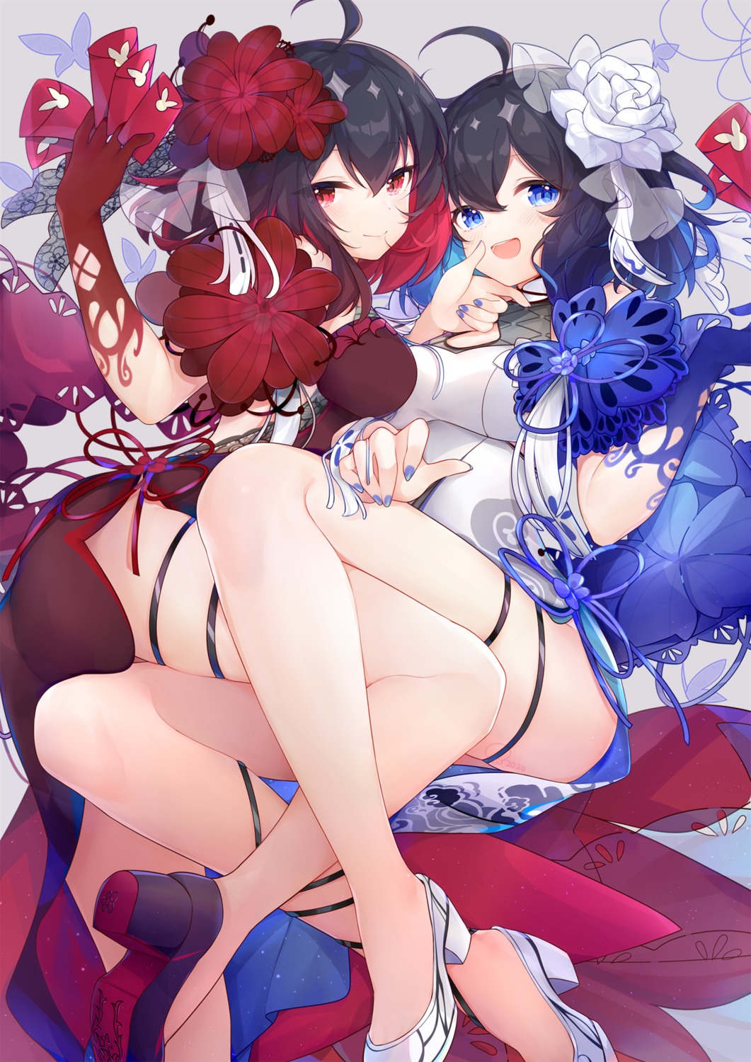 asian_clothes ass benghuai_xueyuan cleavage eta garter heels honkai_impact seele_vollerei skirt_lift symmetrical_docking tattoo yuri