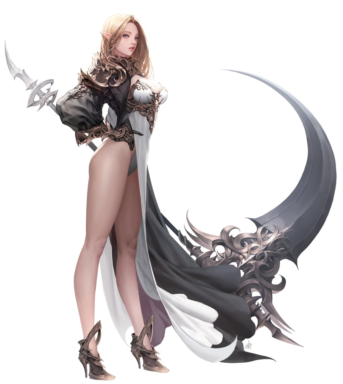 armor cleavage daeho_cha heels leotard pointy_ears weapon