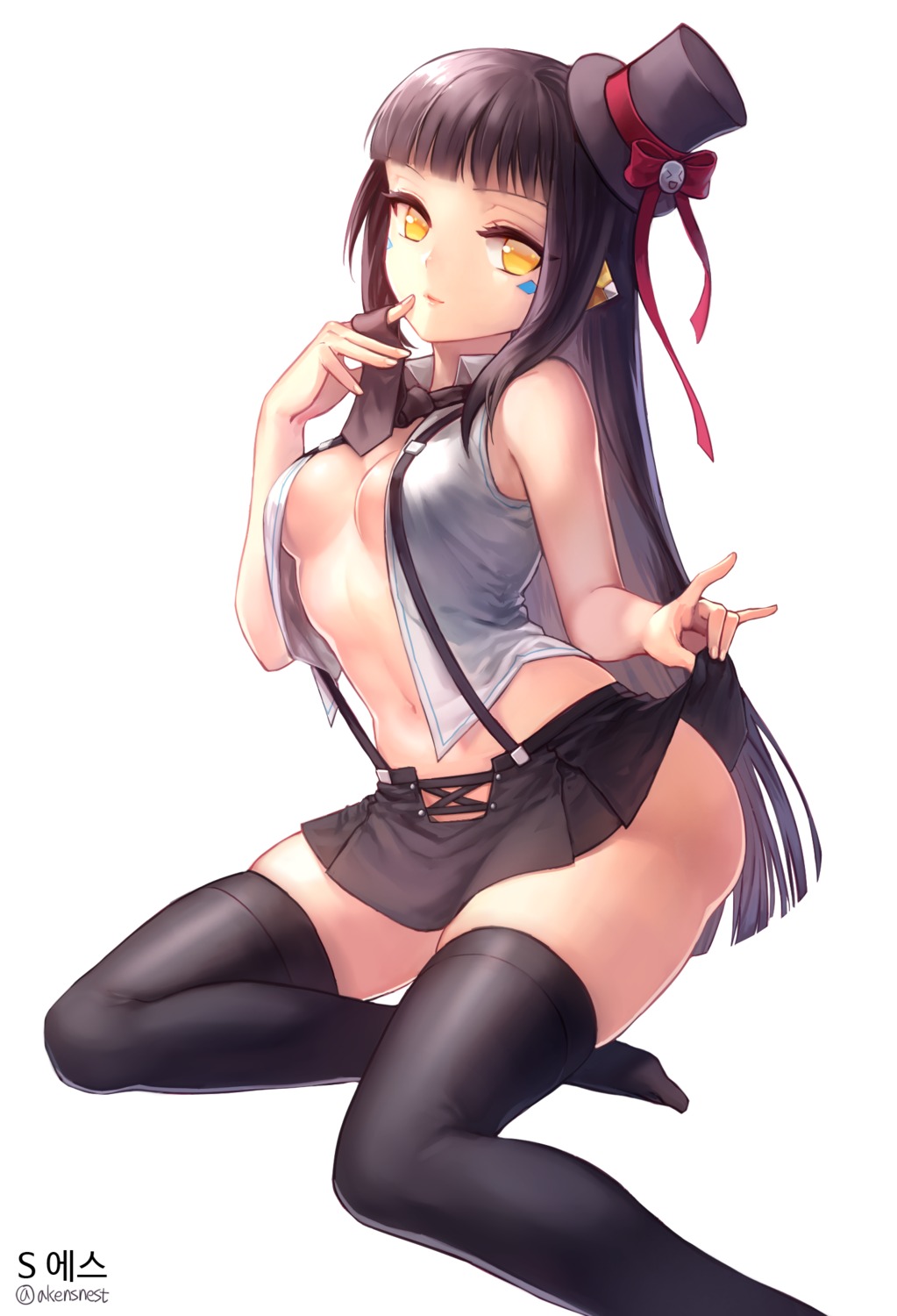 aken cleavage no_bra nopan open_shirt skirt_lift thighhighs