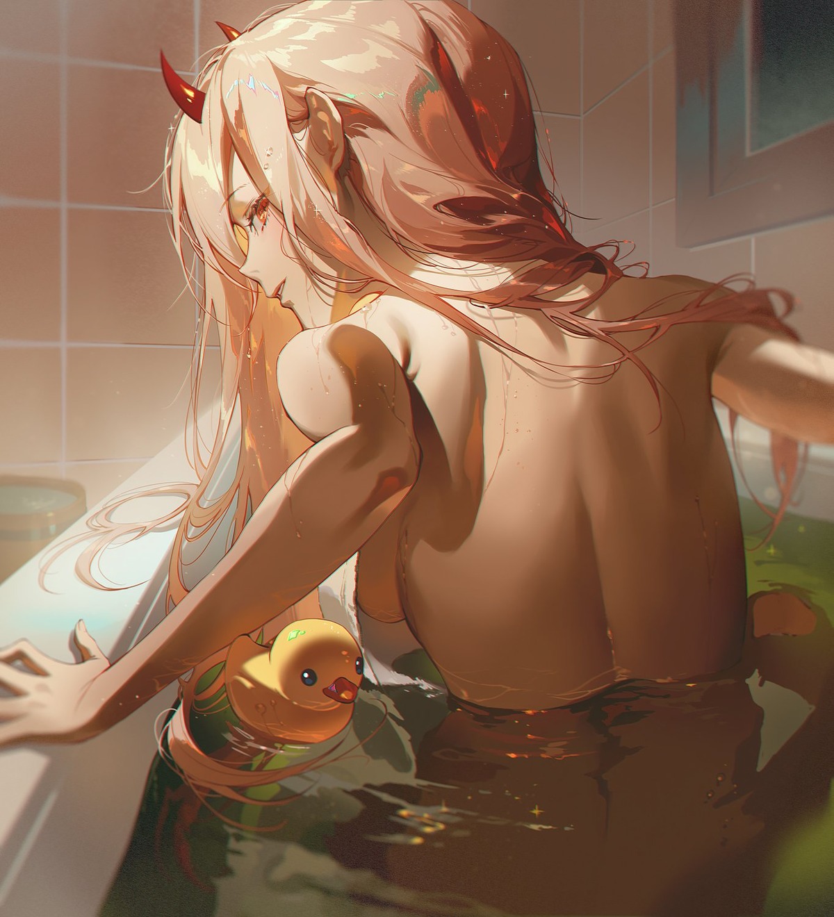 bathing chainsaw_man fajyobore horns naked power_(chainsaw_man) see_through towel wet