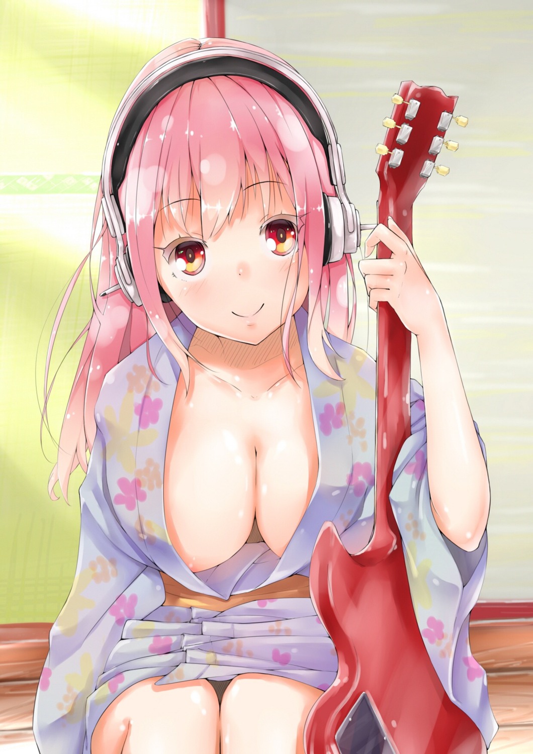 areola guitar headphones no_bra open_shirt qzik sonico super_sonico yukata