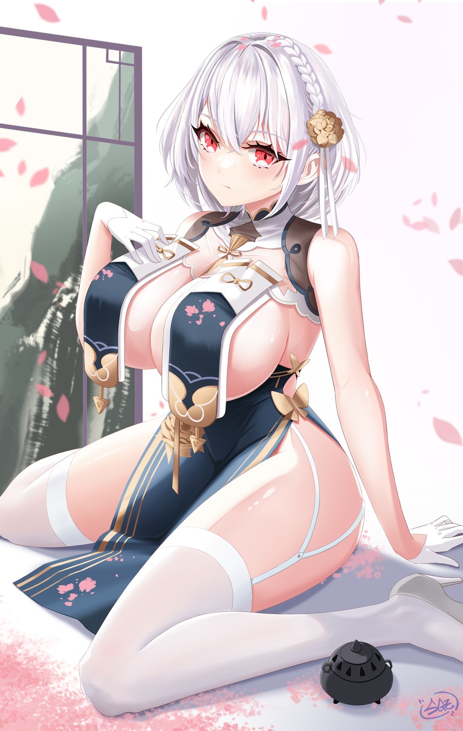 azur_lane dress erect_nipples no_bra shuguaier sirius_(azur_lane) stockings thighhighs