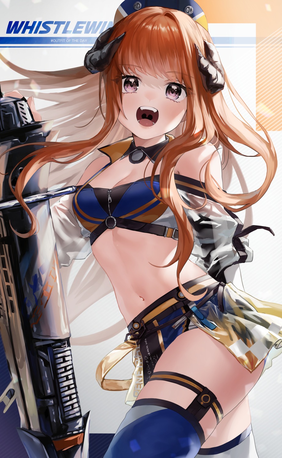 arknights bagpipe_(arknights) cleavage garter horns ishita_umi stockings thighhighs