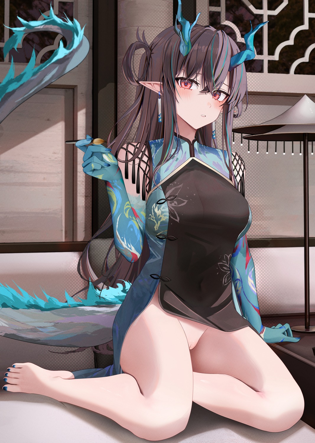 arknights chinadress dusk_(arknights) horns nopan pointy_ears pussy ru_zhai skirt_lift tail uncensored