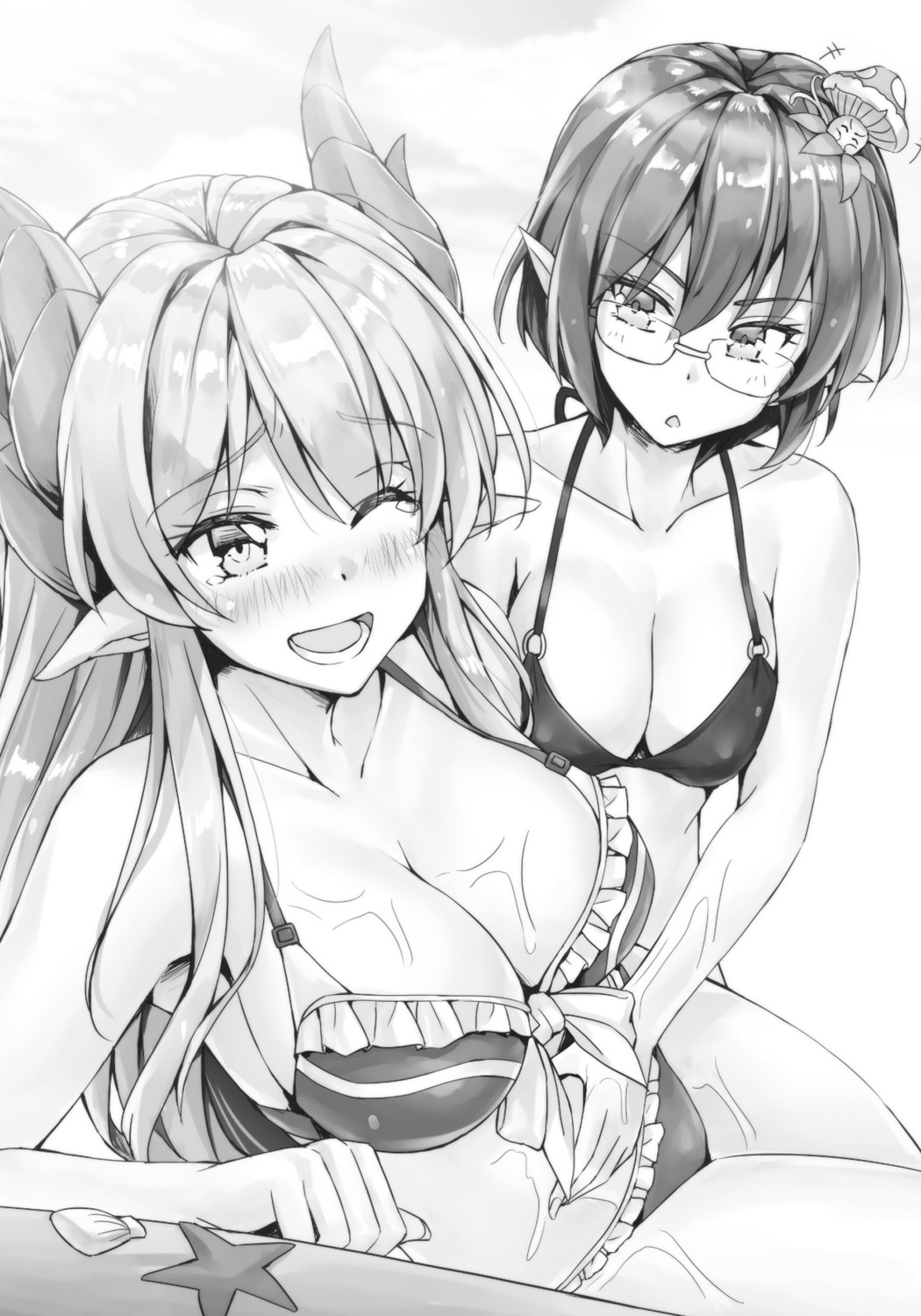 bikini cleavage cream horns kotatsu_(kotatsu358) megane monochrome pointy_ears swimsuits