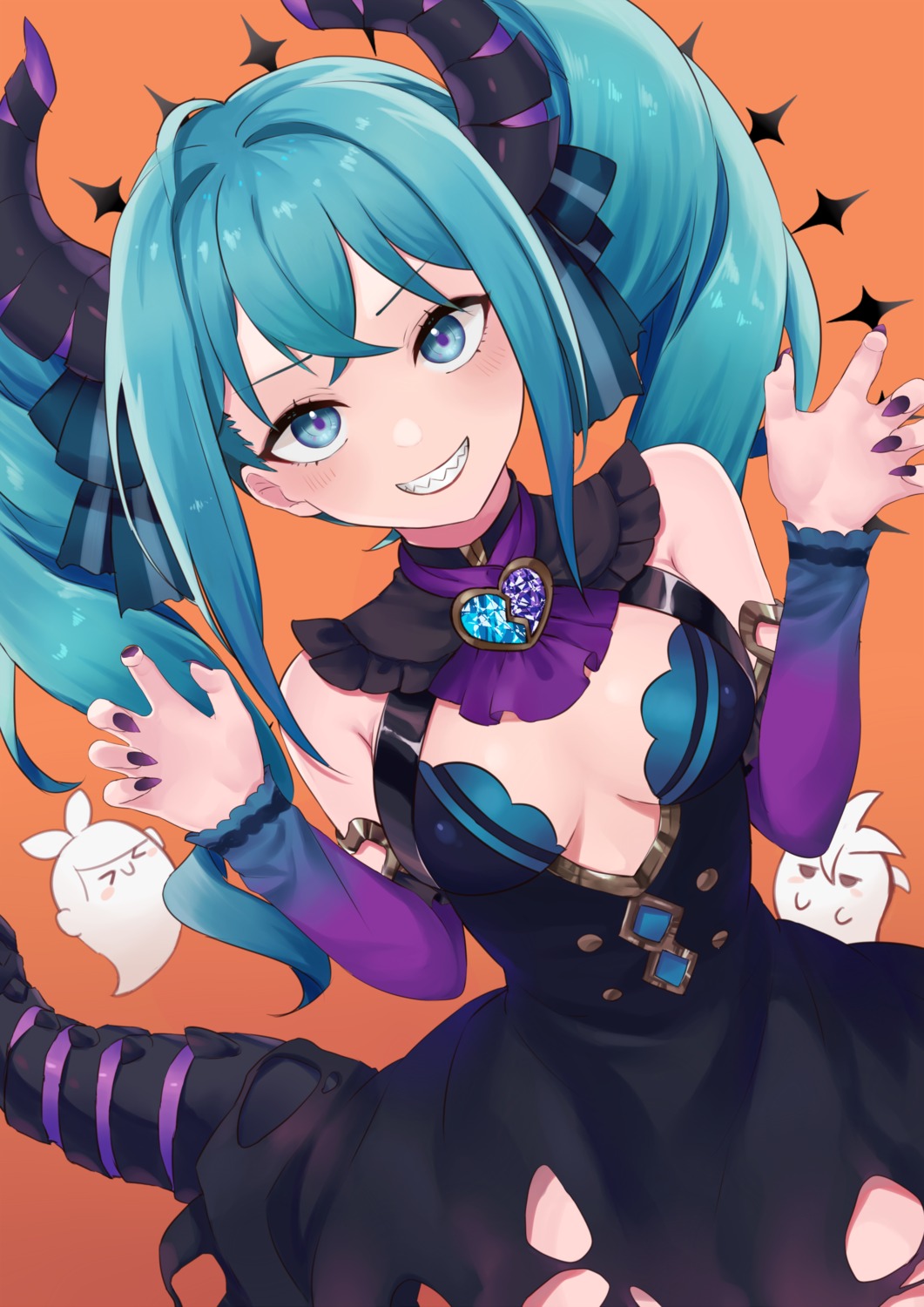 dress halloween hatsune_miku horns kagamine_len kagamine_rin mani_m no_bra skirt_lift tail torn_clothes vocaloid