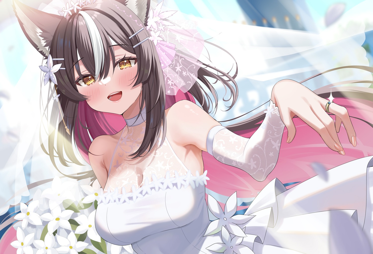 animal_ears cleavage dress no_bra piyopoyo see_through wedding_dress